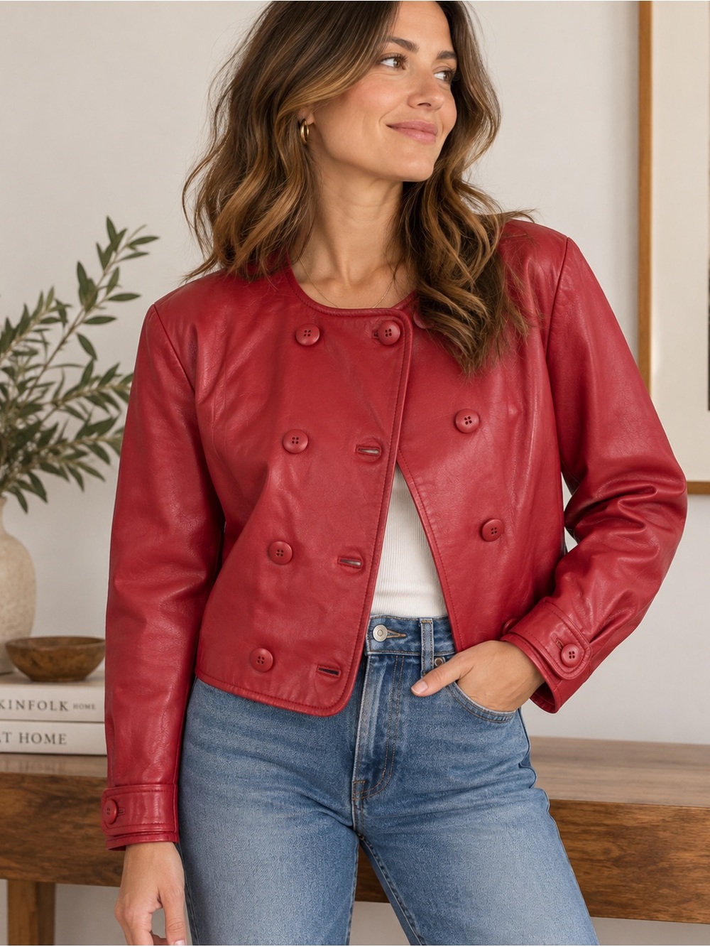 Vintage Lord & Taylor Red Leather Jacket Double Breasted Cropped Blazer / Size 6